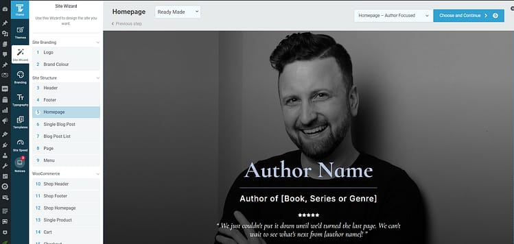 screenshot of Bookwise the best wordpress theme for authors inside Thrive Theme Builder