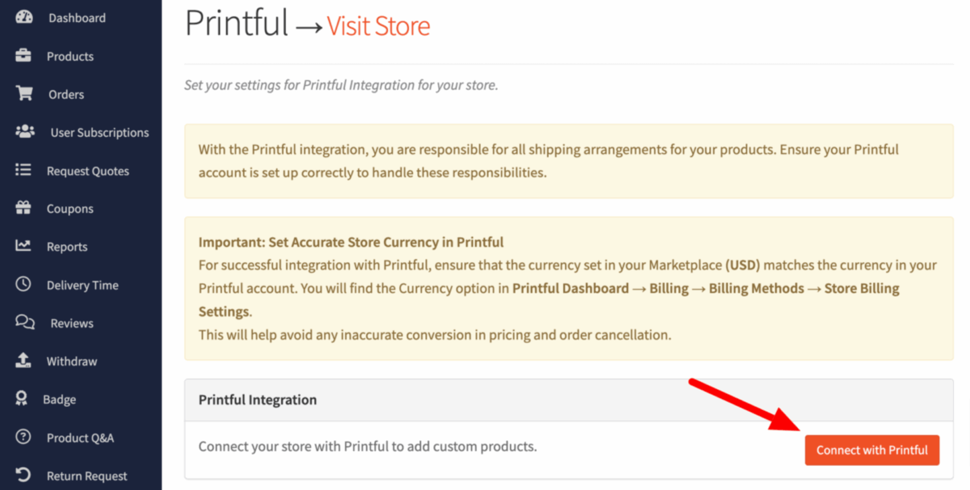 This image shows to configure Printful as a vendor