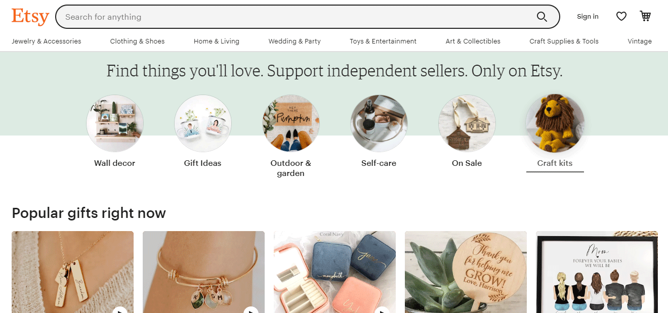 Homepage of C2C Online Marketplace Etsy