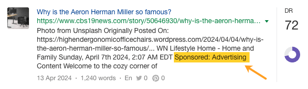 Screenshot of a headline from CBS reading "Why is the Herman Miller so famous?" with text highlighted reading "Sponsored: Advertising".