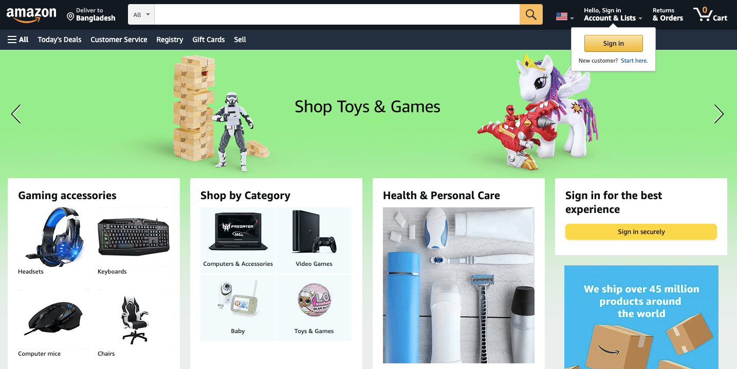 The Homepage of Popular Online Marketplace Amazon