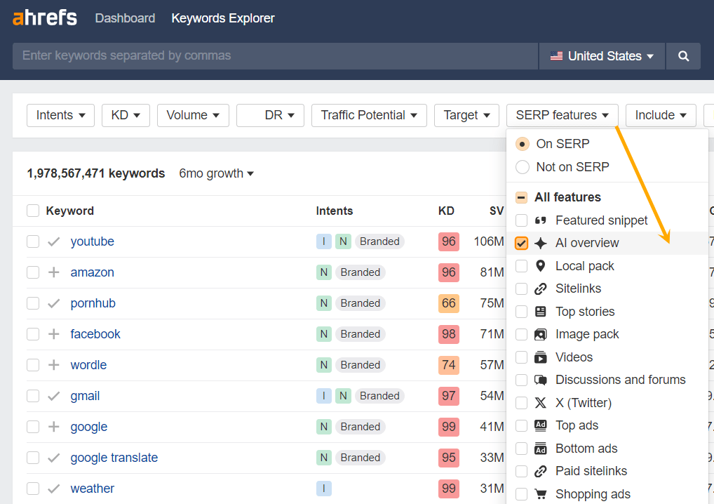 Ahrefs AI Overview filter in Keywwords Explorer