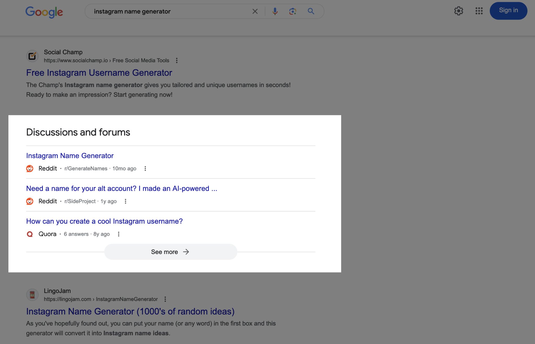 A screenshot example of Discussions and Forums in the SERPs