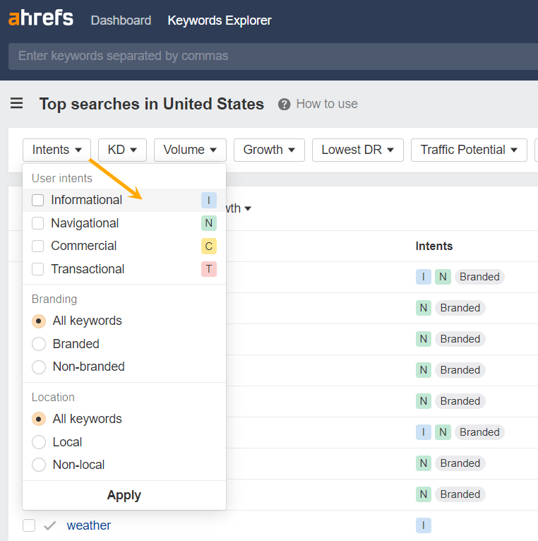 Ahrefs Intents filter in Keywwords Explorer