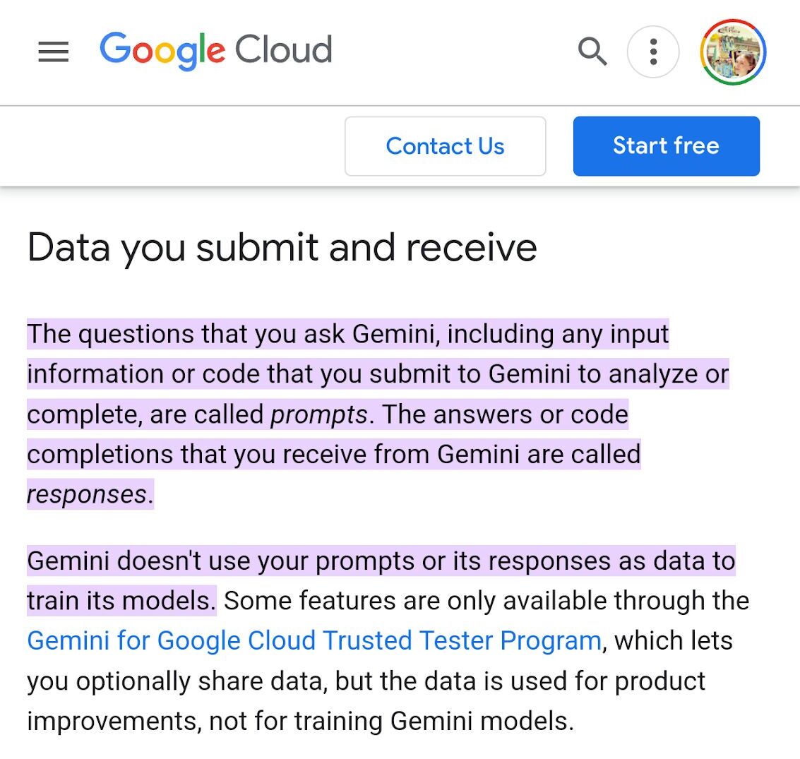 Google Cloud's "Data you submit and receive" section explaining data handling for Gemini. It highlights that prompts submitted to Gemini are not used to train models unless explicitly shared for product improvements and details about code customization and validation of Gemini's output.