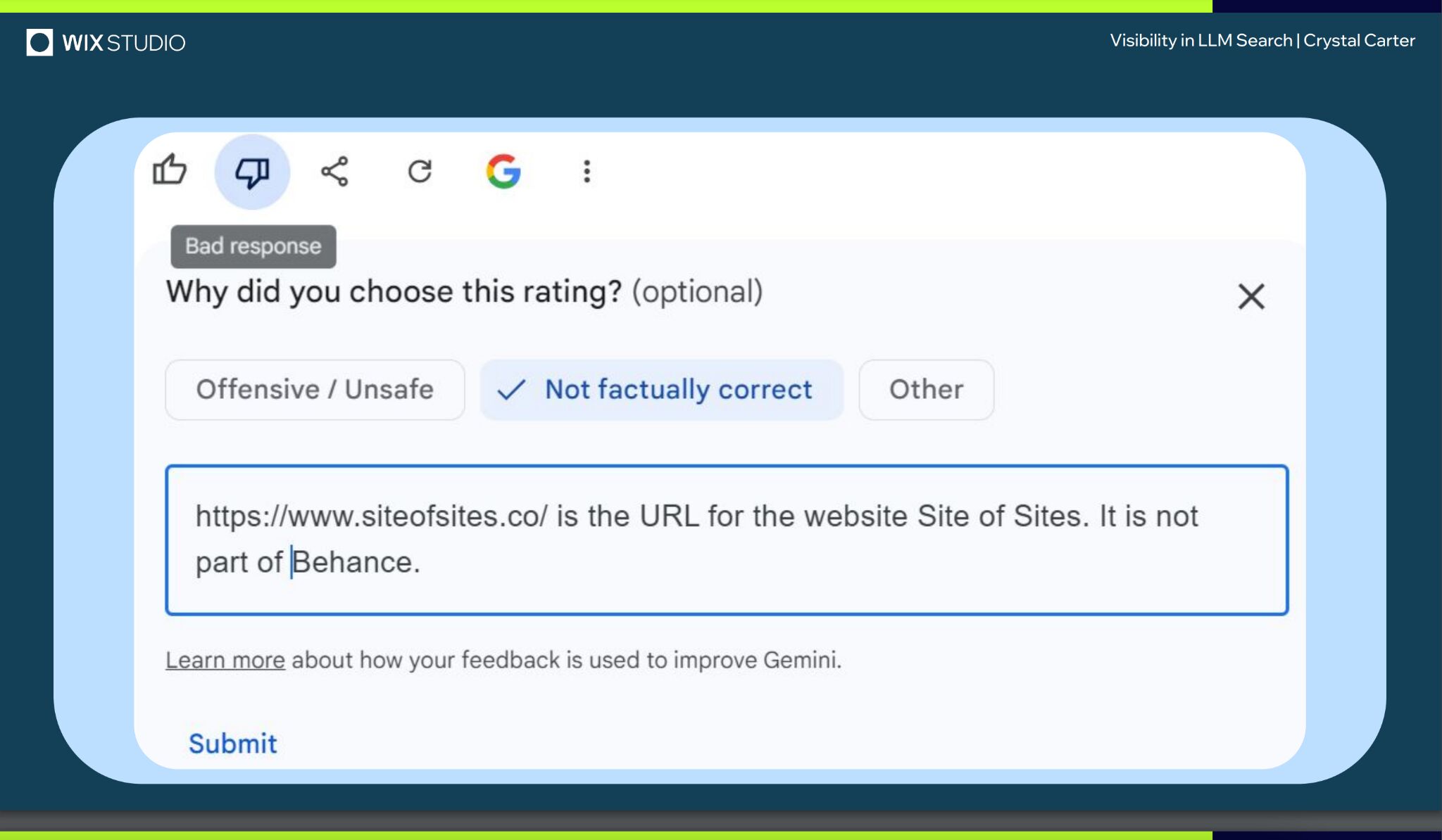 A screenshot of a feedback dialog on Google Search, specifically showing a rating given for a response labeled "Bad response." The reason selected is "Not factually correct," with a note explaining that the URL provided by Gemini is incorrect and not part of the mentioned website.