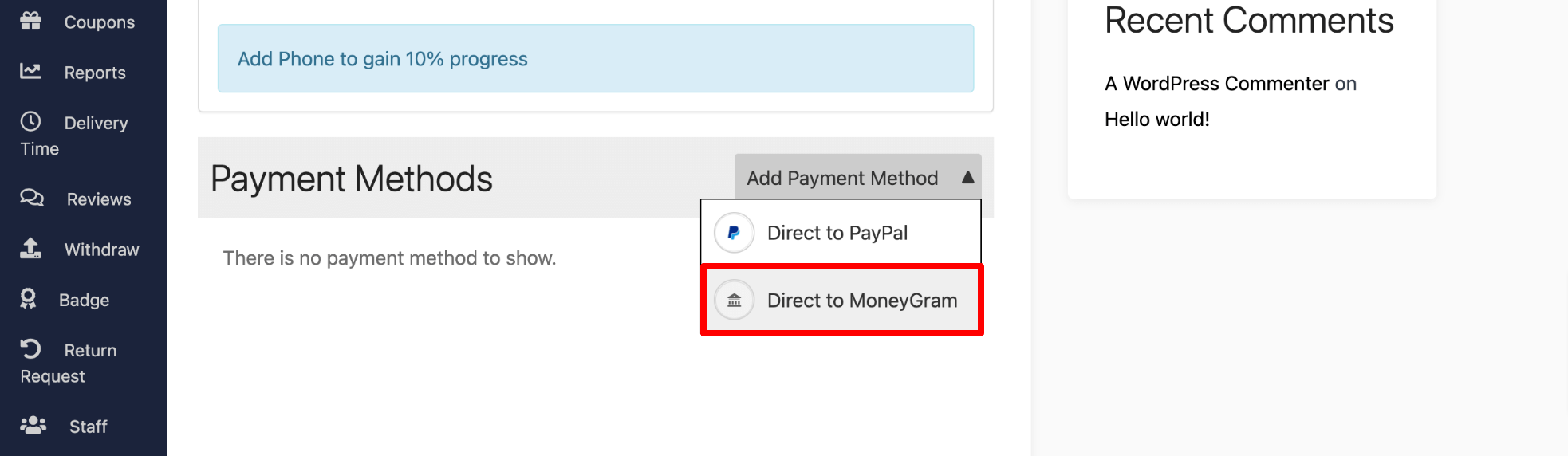 This image shows how to enable MoneyGram option