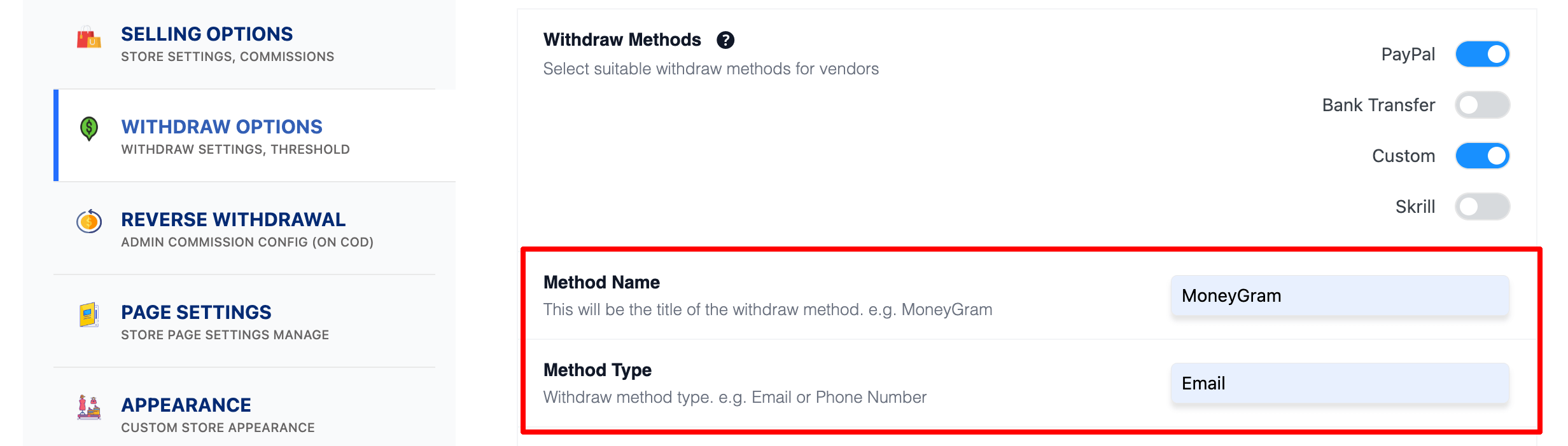 This image shows how to configure the custom payment method