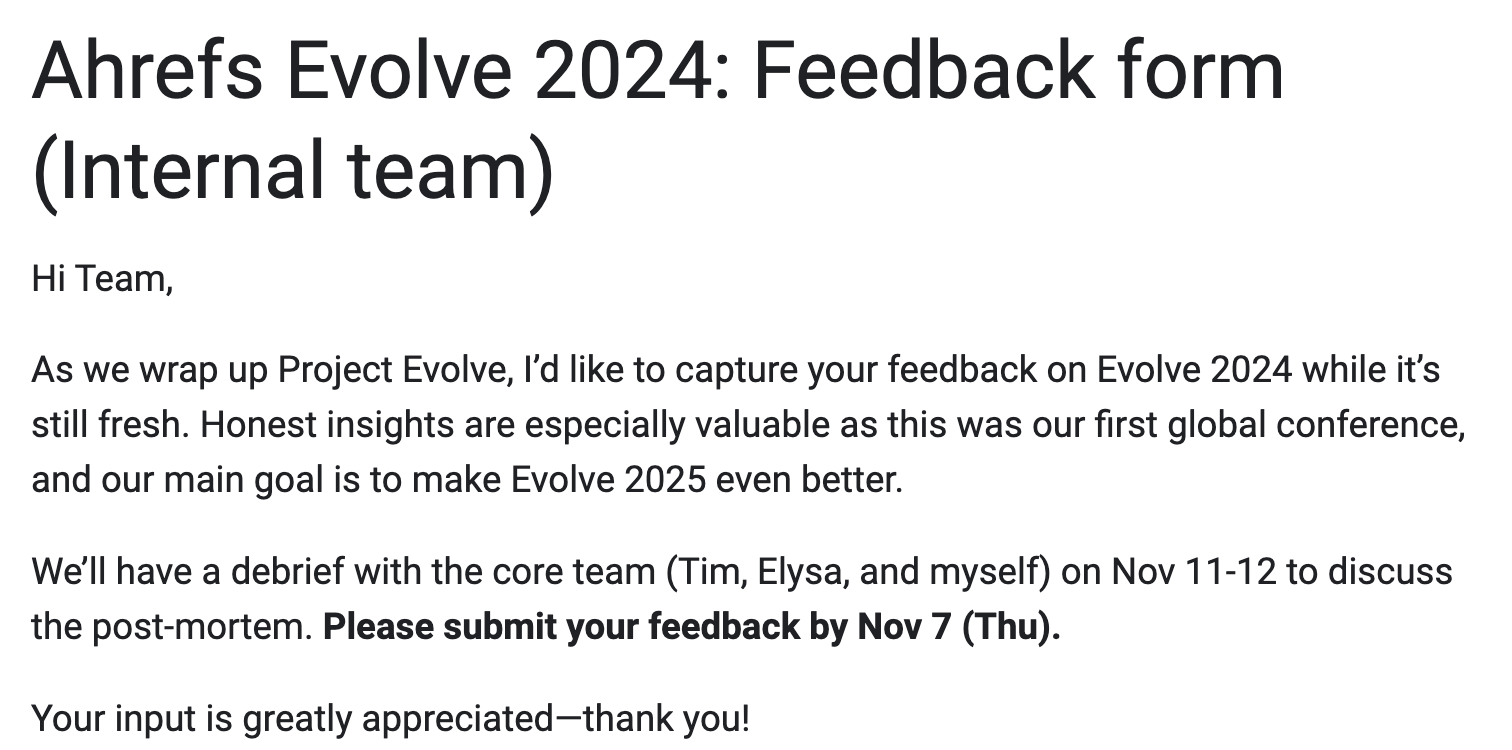 Ahrefs Evolve 2024 feedback form for internal team members