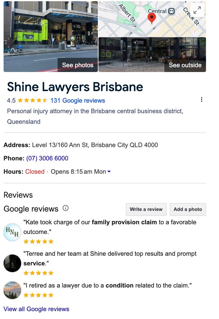 نمونه ای از فهرست کسب و کار گوگل از Shine Lawyers در بریزبن.