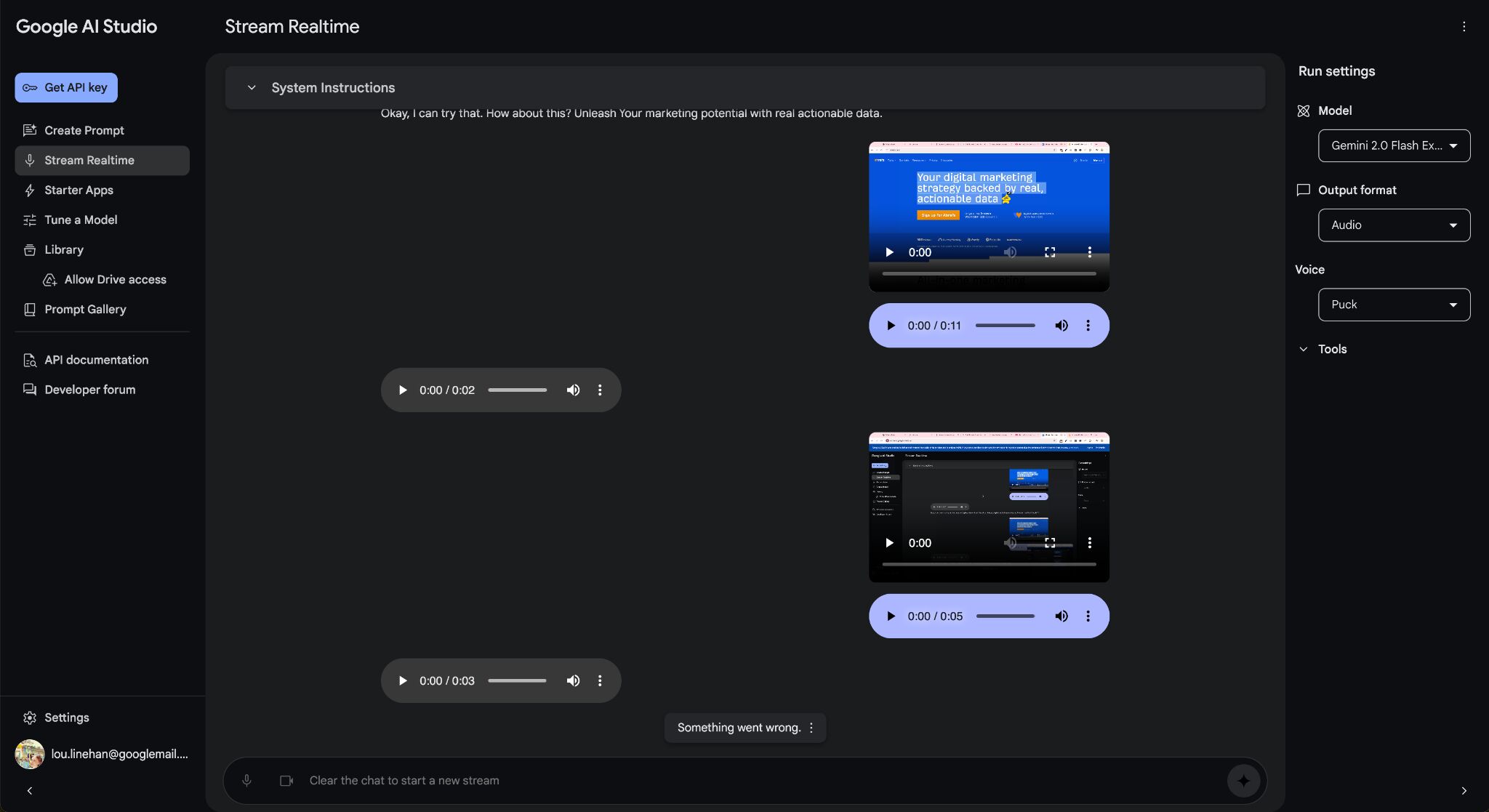 A screenshot of Google Stream Realtime showing videos of the Ahrefs homepage, and audio soundbites in a chatbot window.