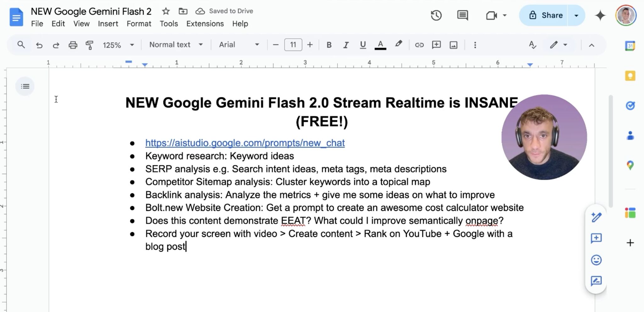 A screenshot from Julian Goldie's Google Stream Realtime video, showing possible use cases, including: keyword research, SERP analysis, Backlink analysis, competitor sitemap analysis, etc.