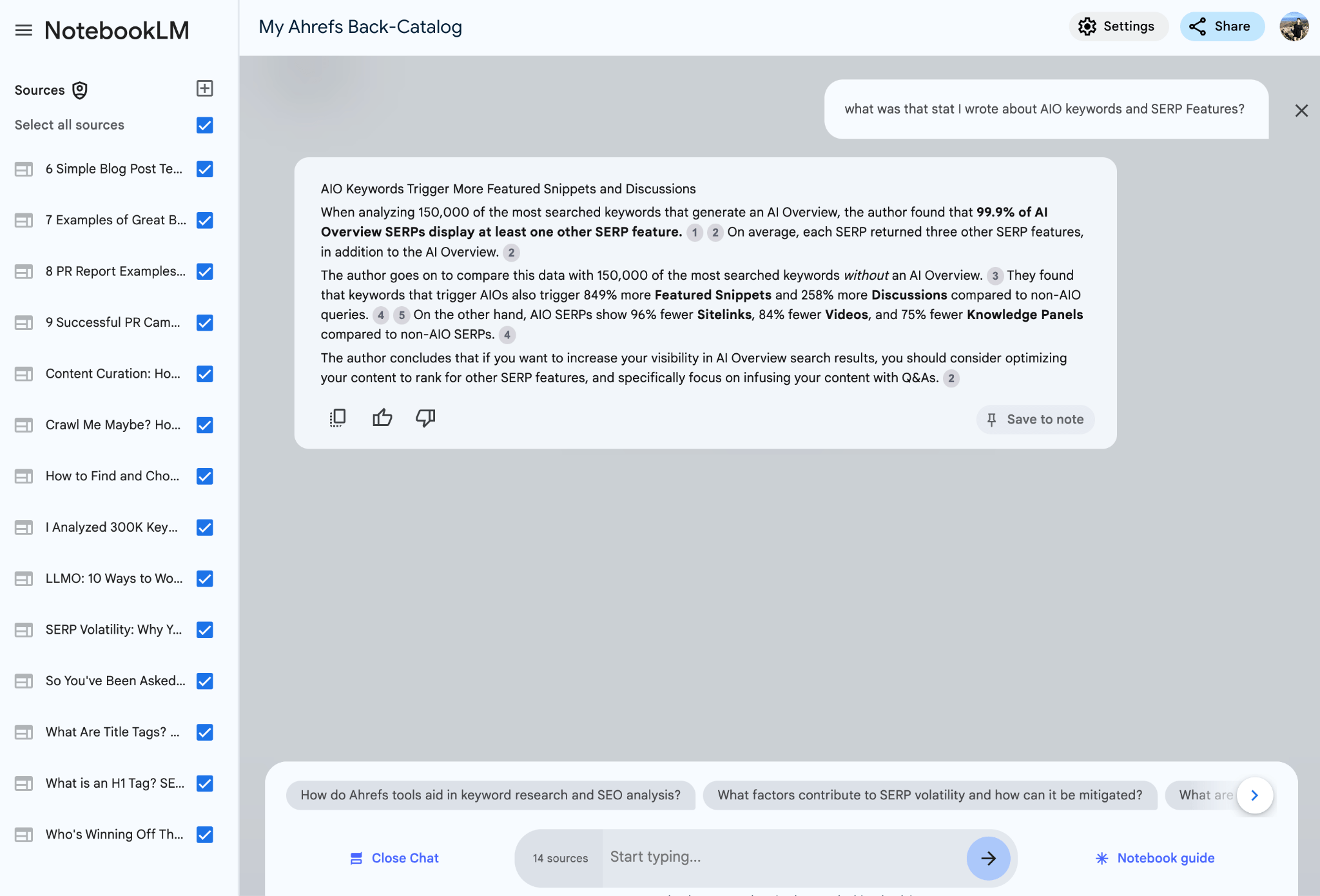 A screenshot of Google NotebookLM AI content creation tool. Screenshot shows a chatbot conversation, querying Louise Linehan's Ahrefs Back Catalog with the prompt "what was that stat I wrote about AIO Keywords and SERP Features?"