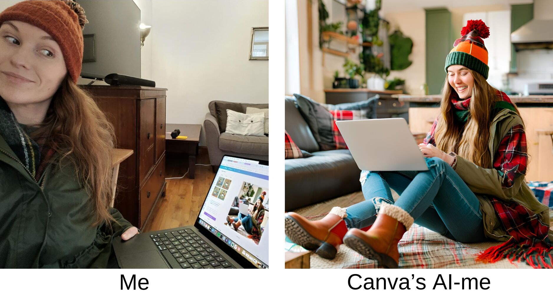 A funny side by side example of Canva's AI image generated impression of Louise Linehan vs. an actual photo of Louise Linehan. In the Ai generated version, Louise's legs poke out at unusual angles. 