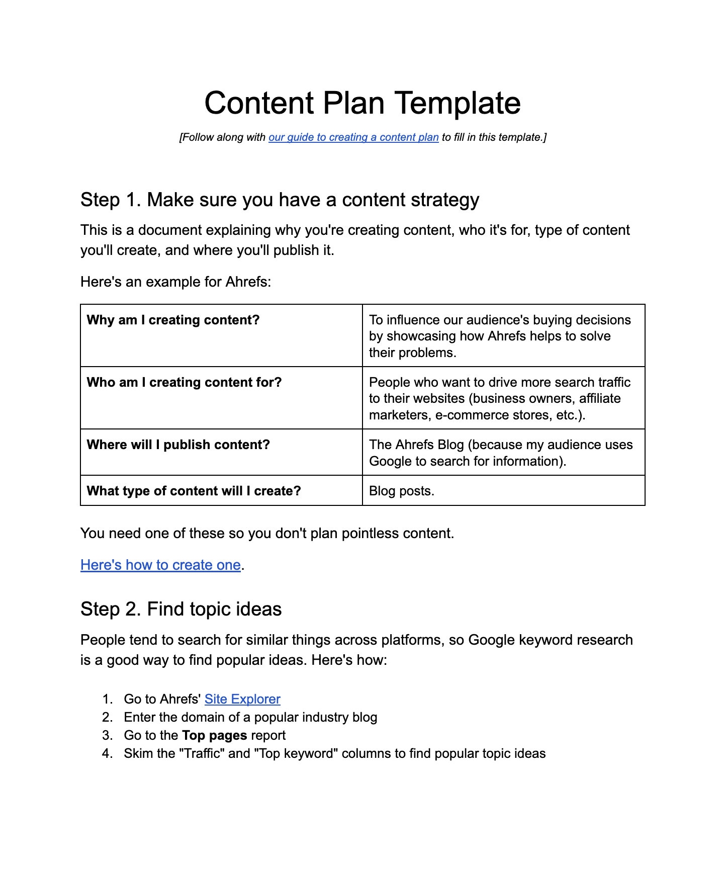 A content plan Google Docs template as laid out by ahrefs