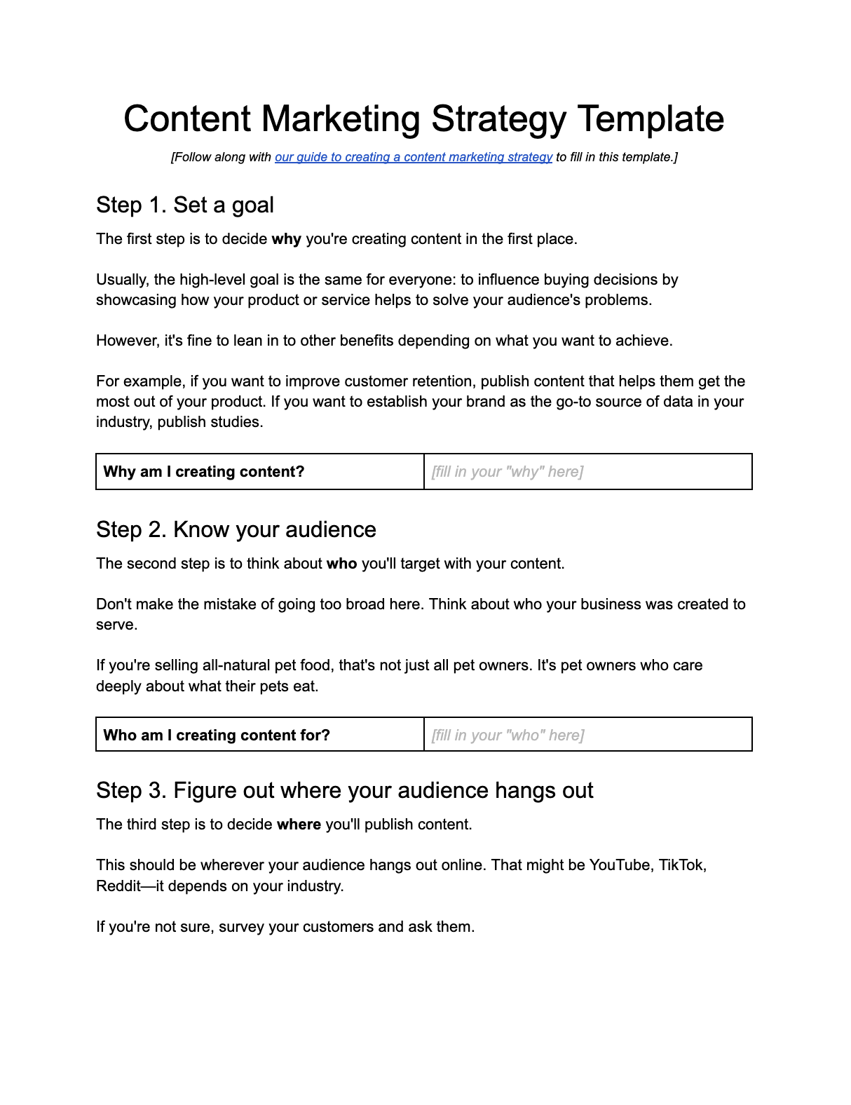 A content marketing Google Docs template as laid out by ahrefs