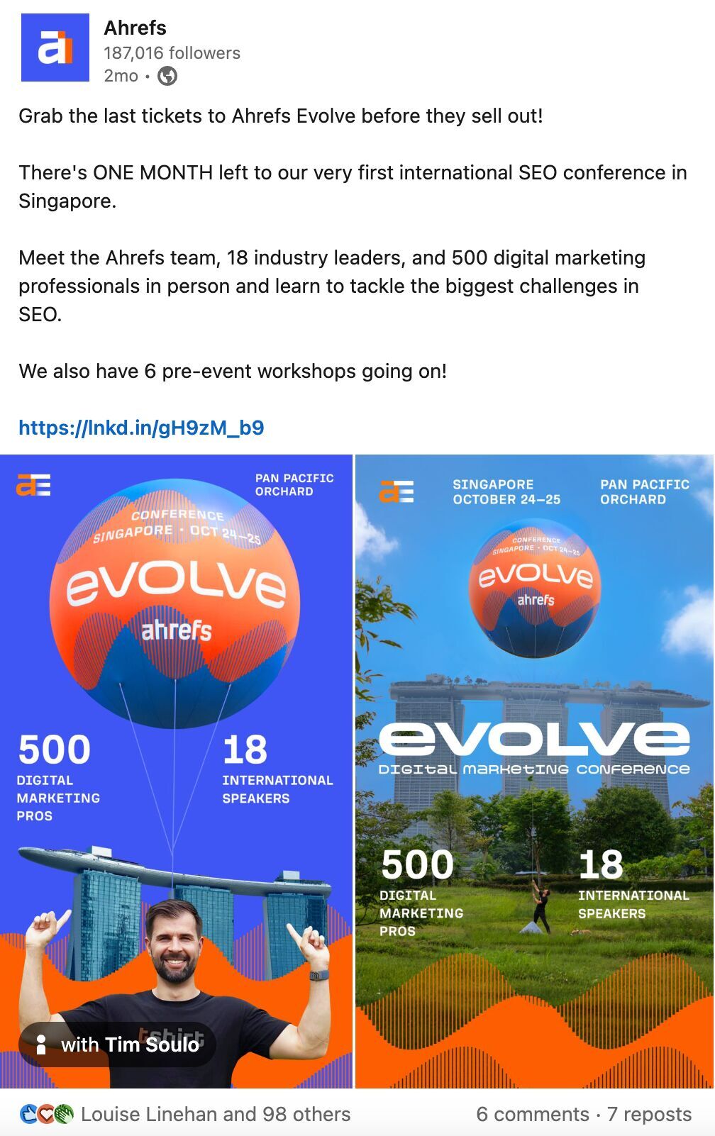 پست LinkedIn Ahrefs در مورد تبلیغ Evolve و استفاده از بالون هلیوم ما به عنوان یک تبلیغ خلاقانه